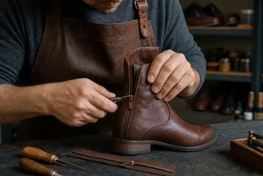 Profissional consertando o zíper de uma bota.