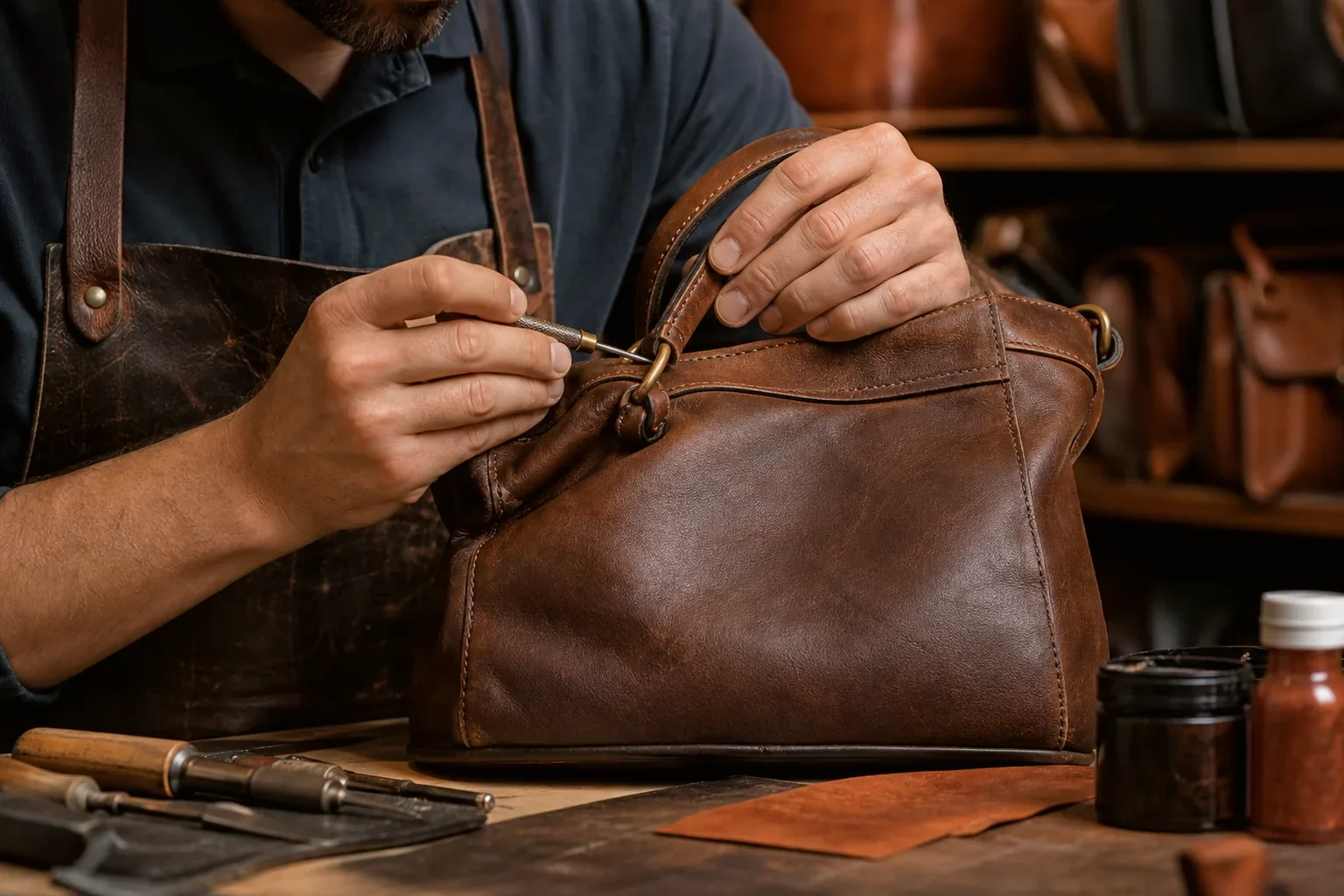 Profissional reformando uma bolsa de couro com dedicação e habilidade.