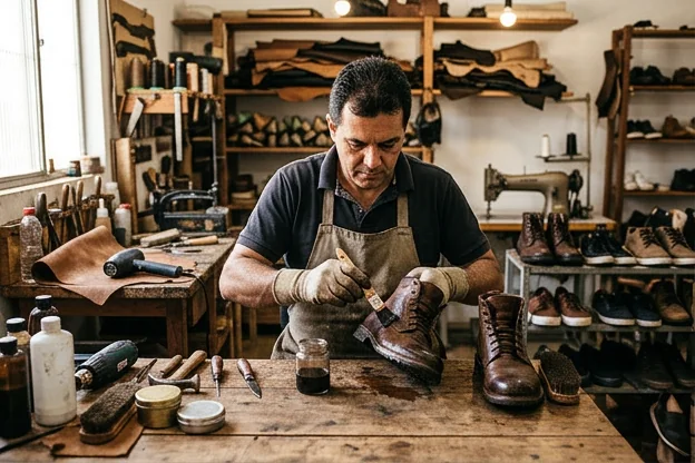 Sapatos sendo tratados com solução impermeabilizante em um ambiente profissional.